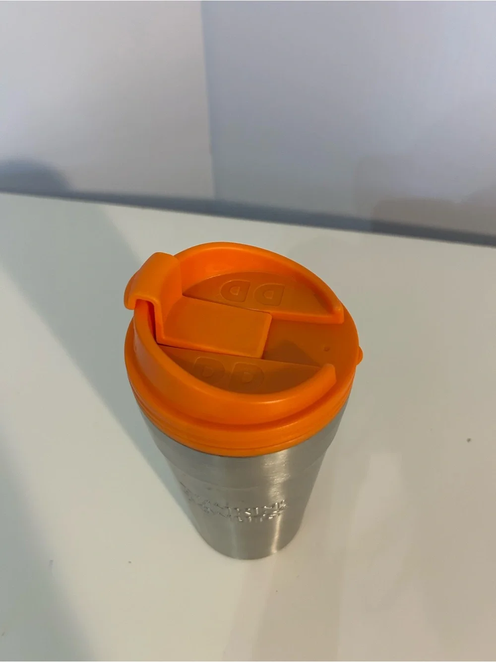 Dunkin Dounts- vintage Stainless Steel Travel Mug with Orange Lid